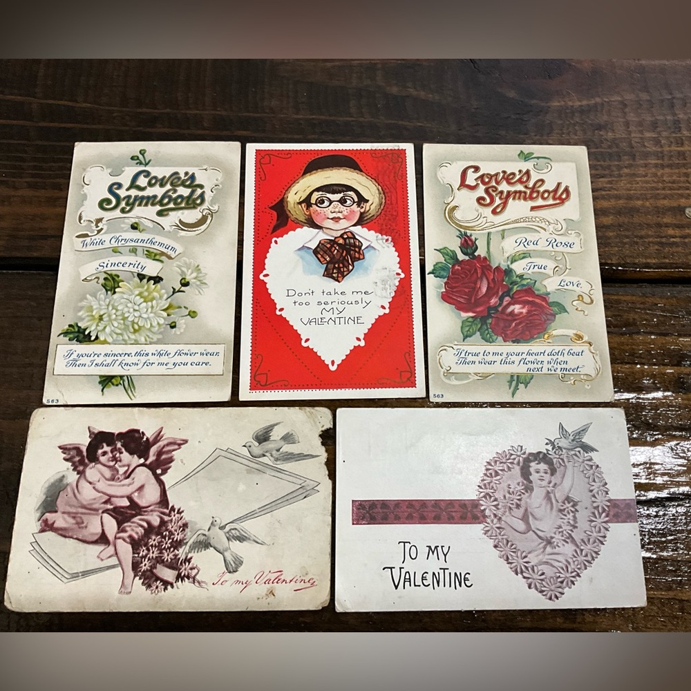Antique Lot of 5 Assorted Valentine’s Day Postcards Cupid Hearts Scrapbook